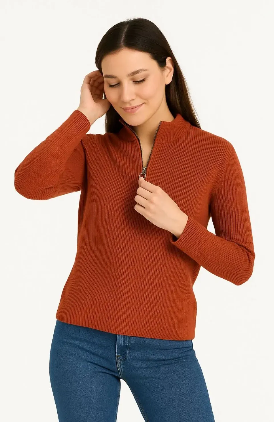 KADIN Yarım Fermuarlı Triko Kazak – Selanik Örgü, Dik Yaka, Pamuklu Dokuma, Oversize Uzun Kollu Kışlık Model - Kiremit