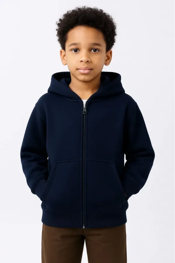 Erkek Çocuk Kapüşonlu Kanguru Çepli Tam Fermuarlı Hırka SweatShirt - Lacivert