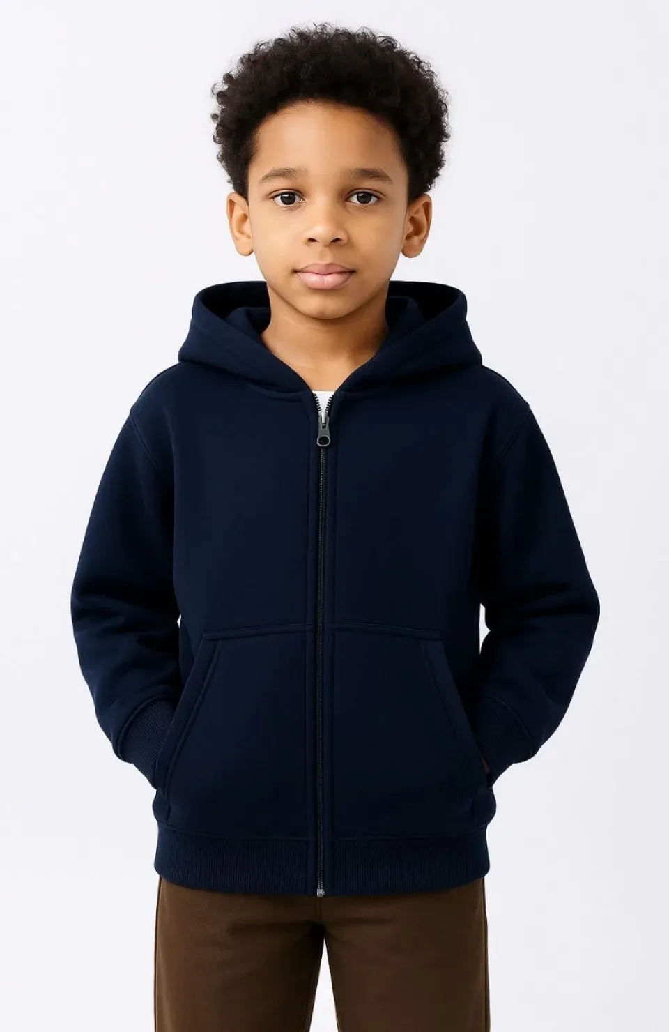 Erkek Çocuk Kapüşonlu Kanguru Çepli Tam Fermuarlı Hırka SweatShirt - Lacivert