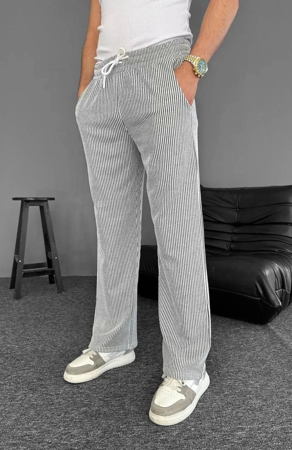 Su Yolu Çizgili Cepli Pantalon Yazlık - Gri