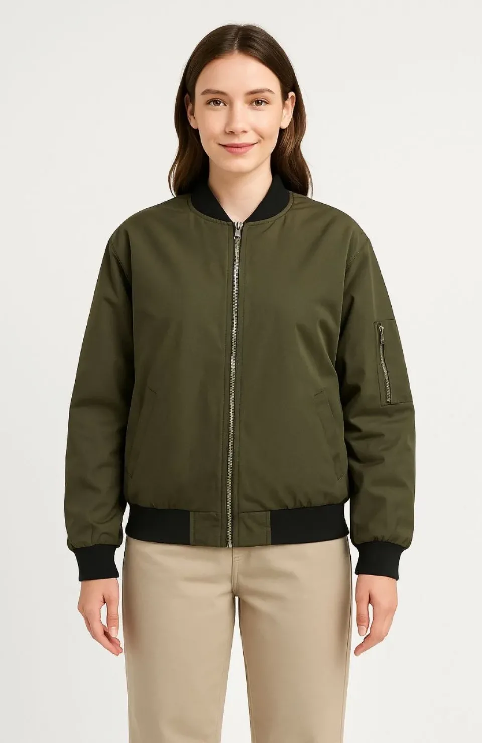 Kadın Bomber Mont Ceket – Fermuarlı, Kapitone İçi Astarlı, Su İtici Kumaş, Regular Fit, Yandan Cepli, Günlük Bahar & Kış Şık Rahat Stil - Haki