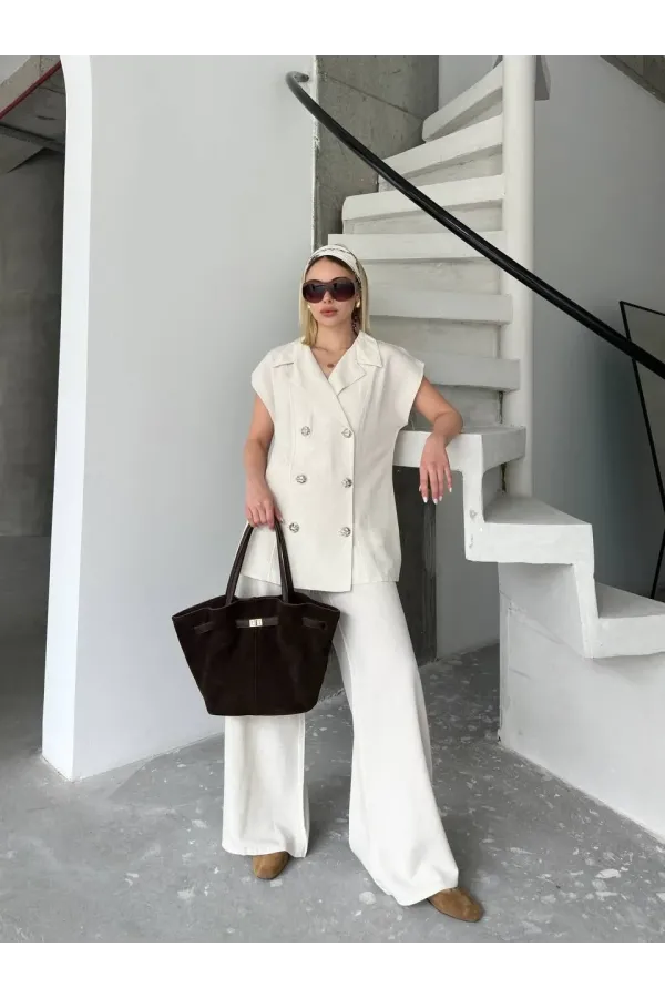 Keten Sıfır Kol Blezer Ceket Pantolon ikili Takım- Beyaz