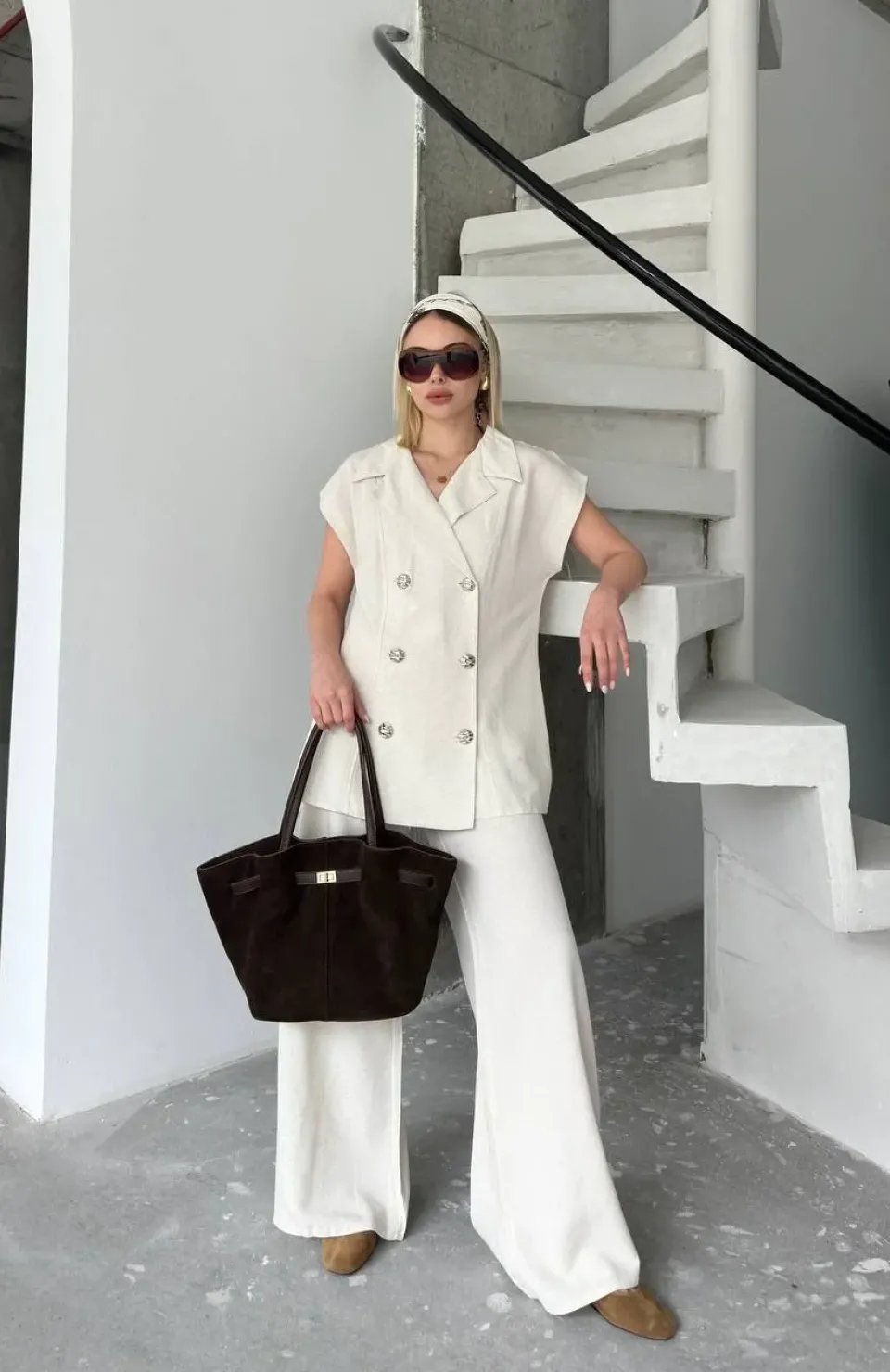 Keten Sıfır Kol Blezer Ceket Pantolon ikili Takım- Beyaz