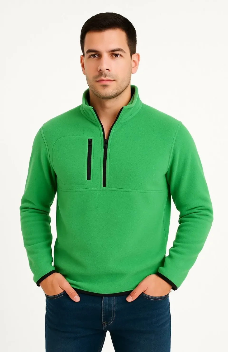 Erkek Polar Kazak – Dik Yaka, Yarım Fermuarlı, Fermuarlı Göğüs Cepli, Siyah Biyeli, Kışlık Rahat Regular Fit Günlük Model - Yeşil