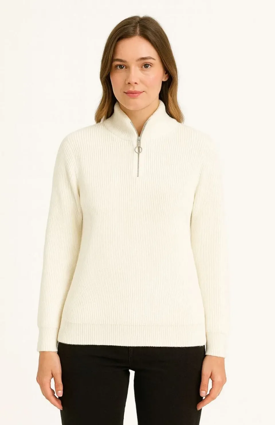 KADIN Yarım Fermuarlı Triko Kazak – Selanik Örgü, Dik Yaka, Pamuklu Dokuma, Oversize Uzun Kollu Kışlık Model - Beyaz Somersan Giyim | Kadın, Erkek ve Çocuk Moda