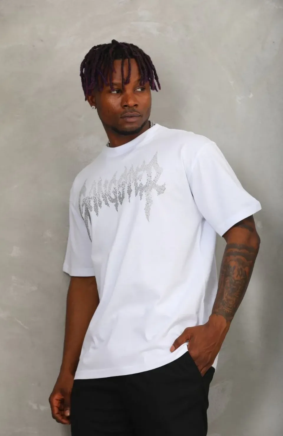 Unisex Oversize Taşlı Bisiklet Yaka T-Shirt - Beyaz