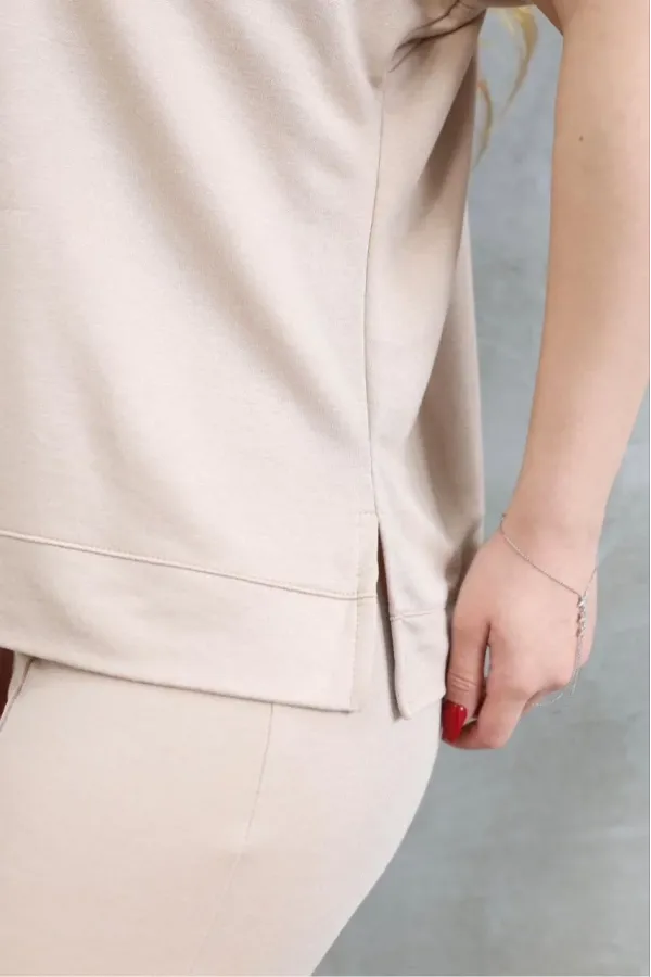 Osy Modal Yumuşak dokulu Kumaş Bisiklet Yaka Kısa Kollu Takım - Bej