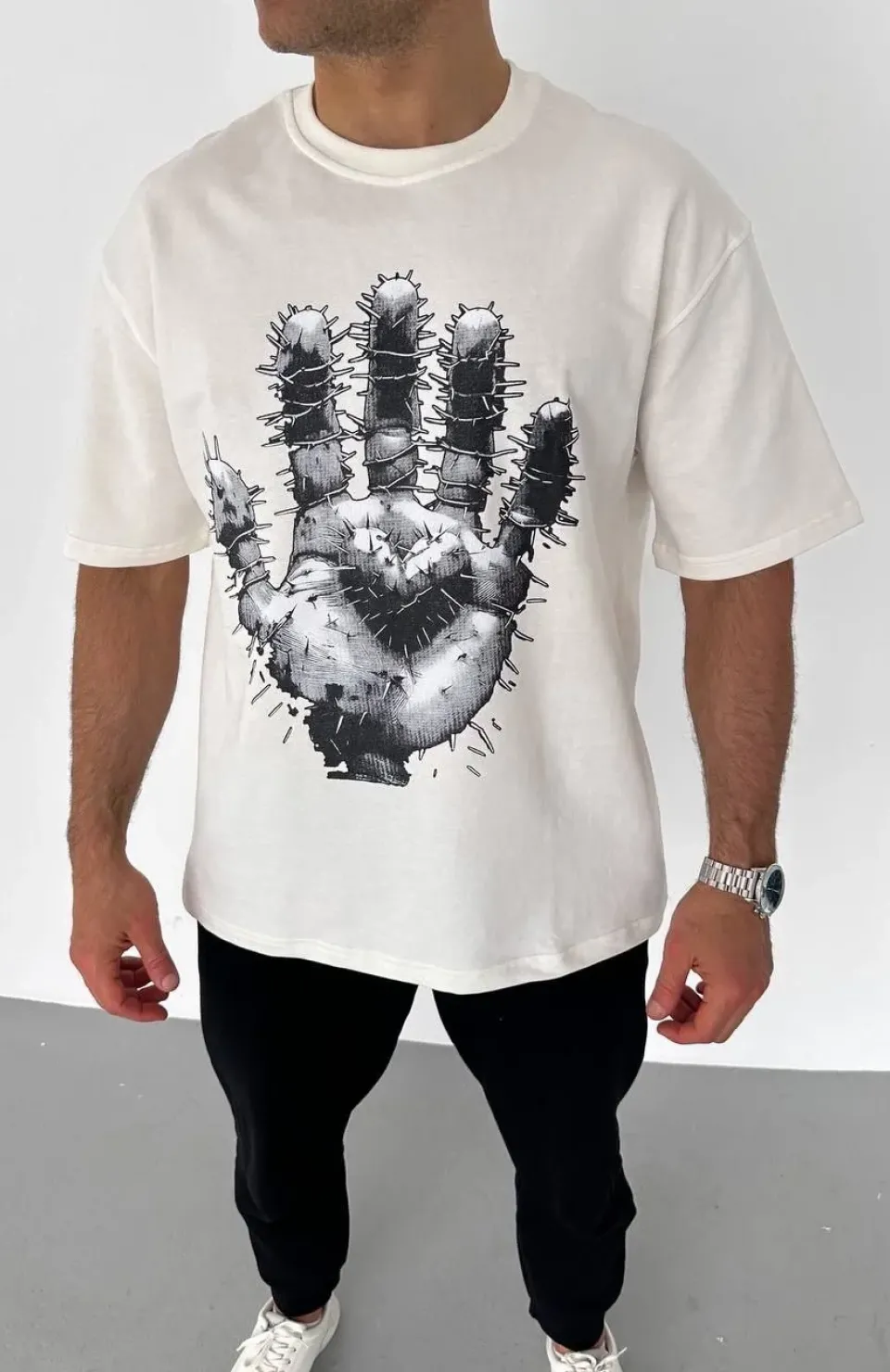 Unisex Bisiklet Yaka Baskılı Oversize T-Shirt - Beyaz