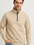 Erkek Dik Yaka Sweatshirt Dik Yaka Yarım Fermuarlı 3 İplik Şardonlu Pamuk Kumaş - Bej