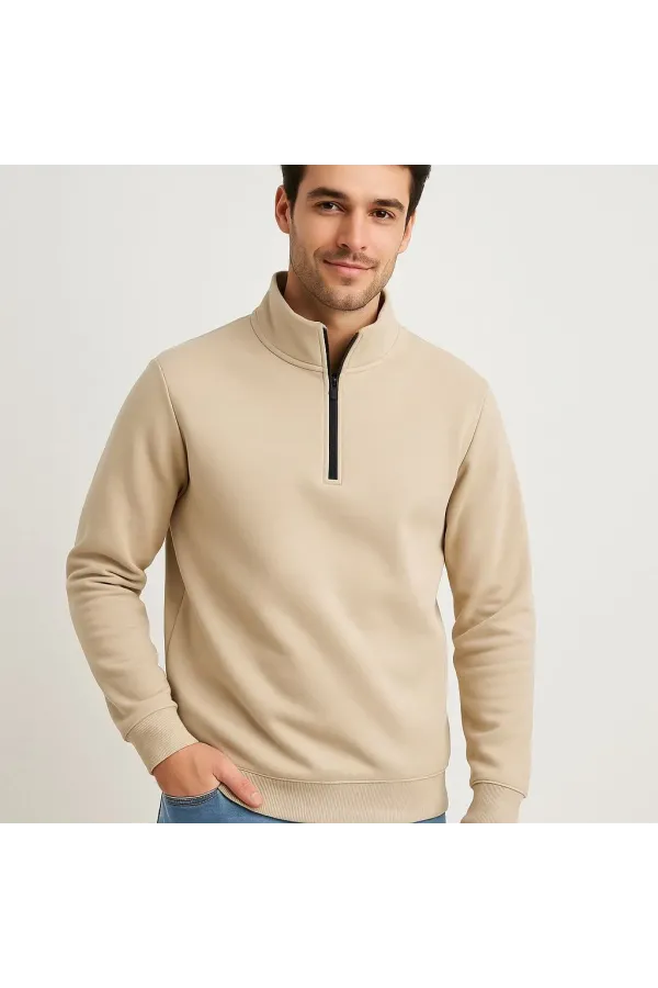 Erkek Dik Yaka Sweatshirt Dik Yaka Yarım Fermuarlı 3 İplik Şardonlu Pamuk Kumaş - Bej