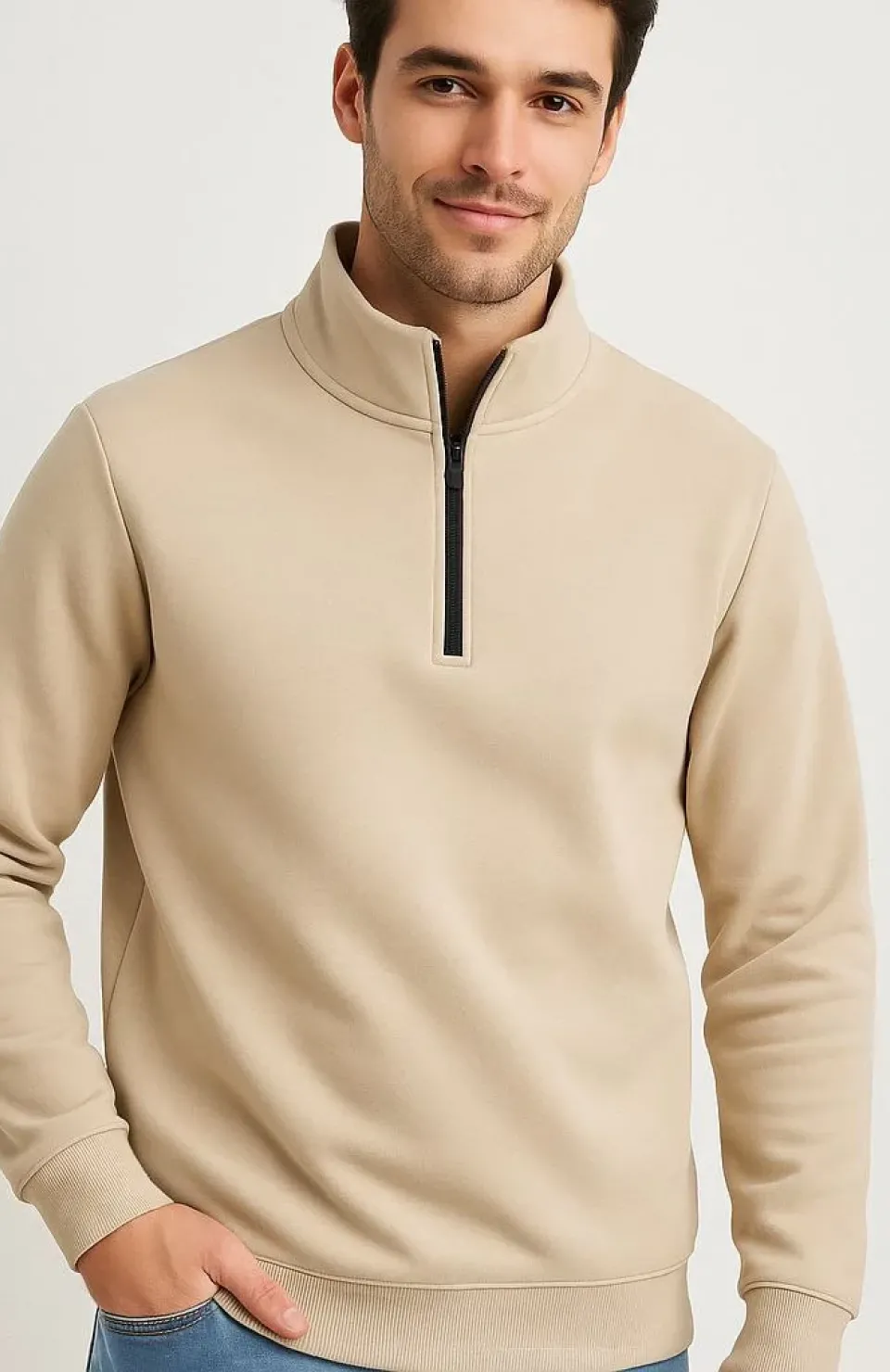 Erkek Dik Yaka Sweatshirt Dik Yaka Yarım Fermuarlı 3 İplik Şardonlu Pamuk Kumaş - Bej