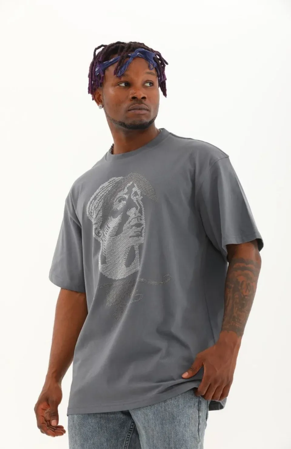 Unisex Oversize Taşlı Bisiklet Yaka T-Shirt - Füme