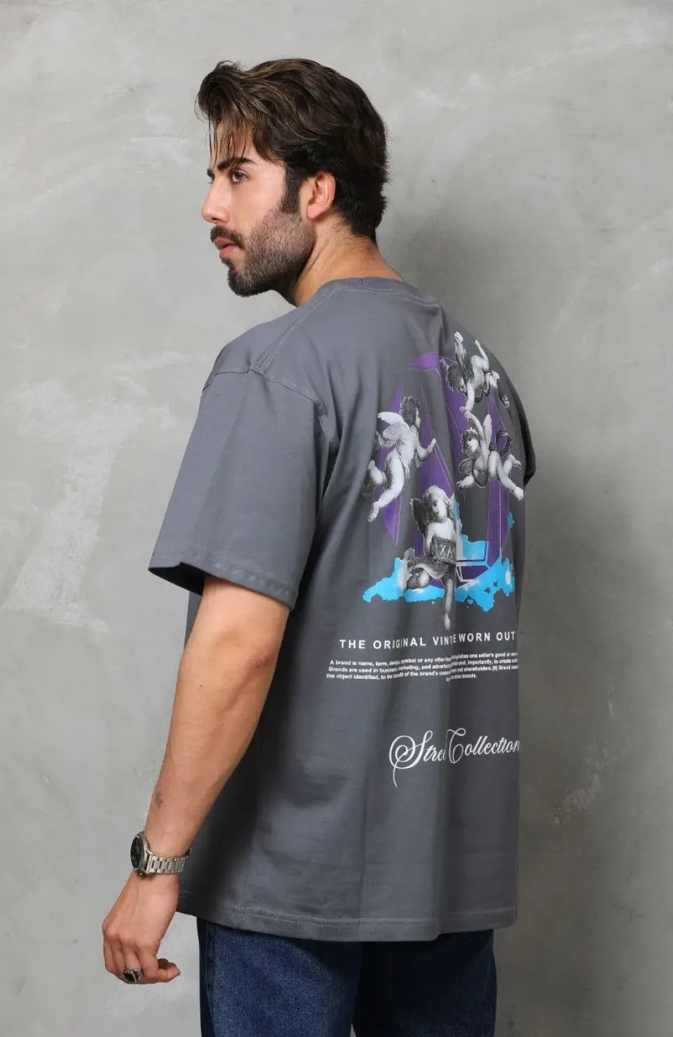 Unisex Bisiklet Yaka Baskılı Oversize T-Shirt - Füme Somersan Giyim | Kadın, Erkek ve Çocuk Moda