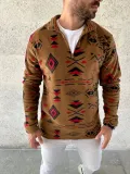 Erkek Yarım Fermuarlı Desenli Polar Sweat Tribal Etnik Desen Yakalı, Uzun Kollu, Oversize Rahat Kalıp, - Kahverengi