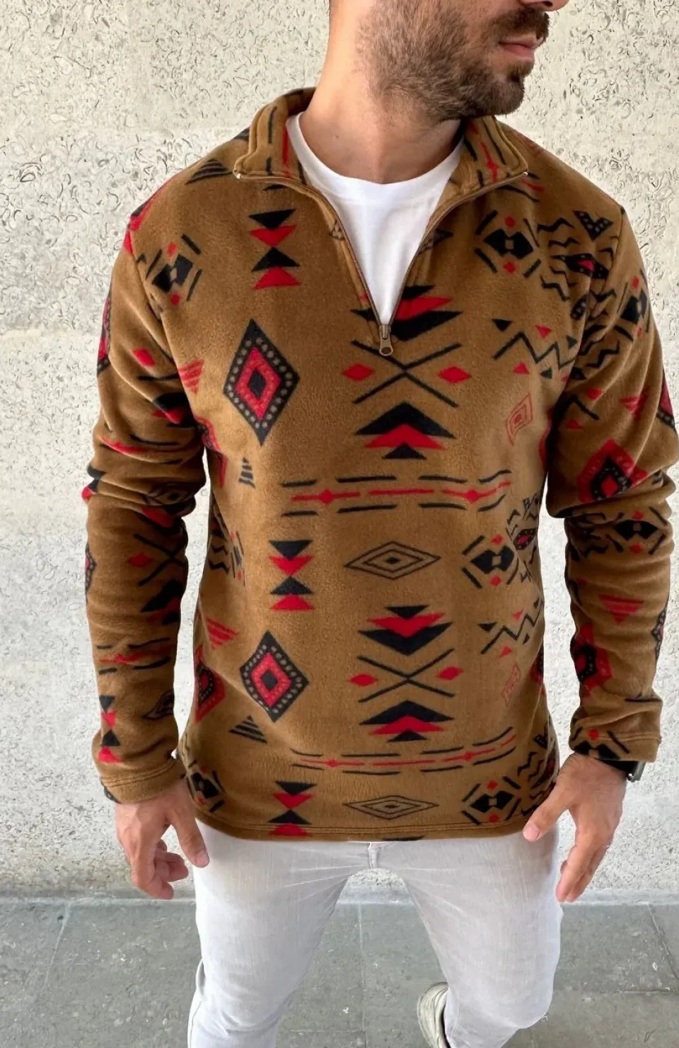 Erkek Yarım Fermuarlı Desenli Polar Sweat Tribal Etnik Desen Yakalı, Uzun Kollu, Oversize Rahat Kalıp, - Kahverengi