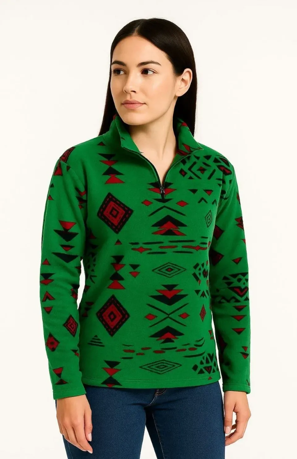 Kadın Yarım Fermuarlı Desenli Polar Sweat Tribal Etnik Desen Yakalı, Uzun Kollu, Oversize Rahat Kalıp - Yeşil