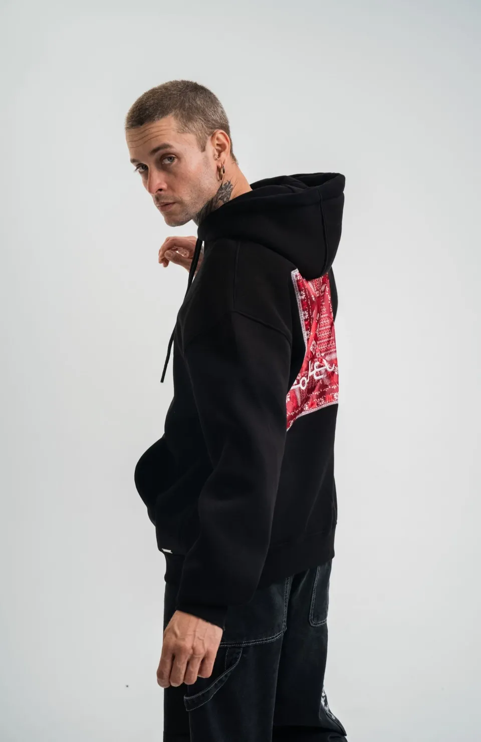 Double Oversize Kapşonlu Dijital Patchli SweatShirt - Siyah