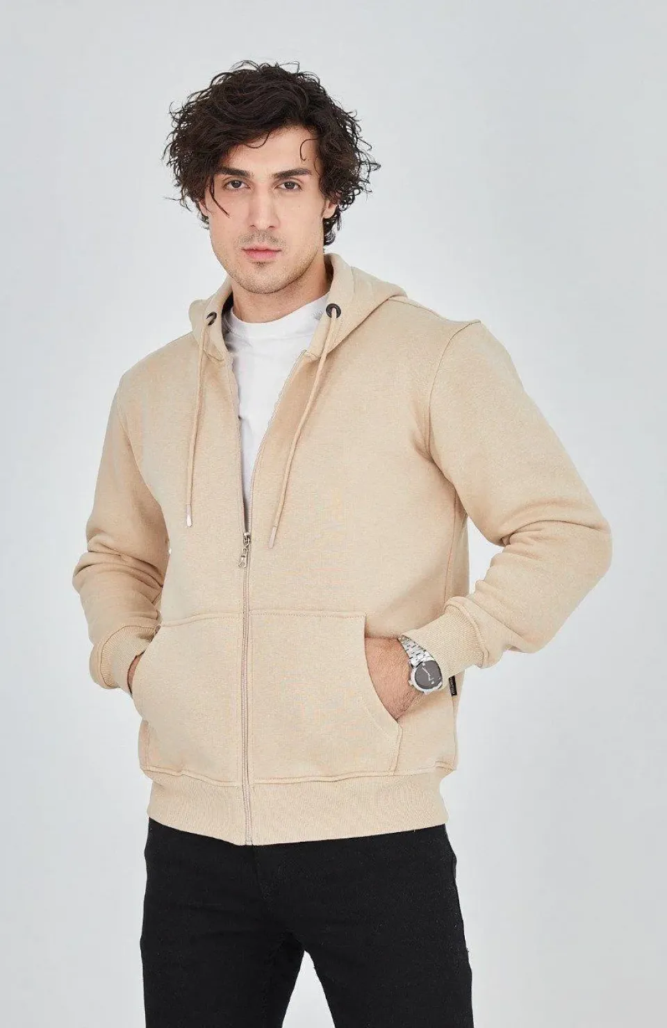 Erkek Kapüşonlu Düz Fermuarlı Hırka - Bej Somersan Giyim | Kadın, Erkek ve Çocuk Moda