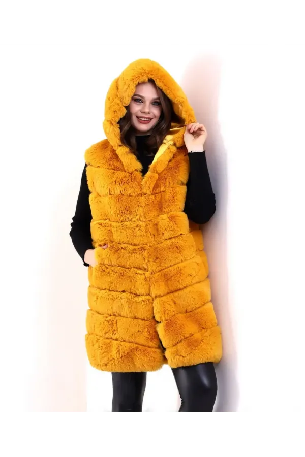 Kadın Reks Kapüşonlu Yelek - Sarı