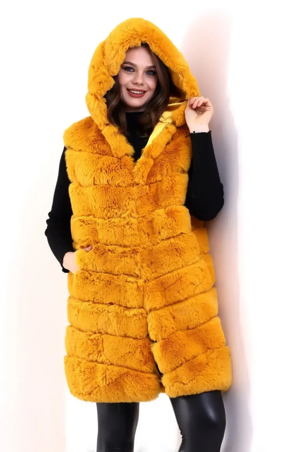 Kadın Reks Kapüşonlu Yelek - Sarı
