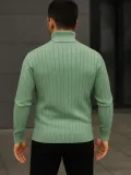 Erkek Balıkcı Yaka Bağazlı Triko Kazak Pamuklu Kalın Fitilli Dokuma, Regular Fit Uzun Kollu Kışlık Model - Mint Yeşili