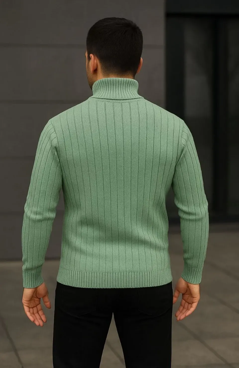 Erkek Balıkcı Yaka Bağazlı Triko Kazak Pamuklu Kalın Fitilli Dokuma, Regular Fit Uzun Kollu Kışlık Model - Mint Yeşili