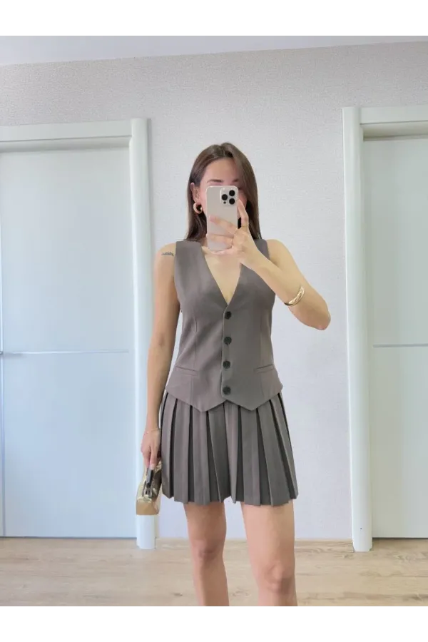 Keten Takım Görünümlü Düğme Detaylı Yelekli Mini Elbise - Füme