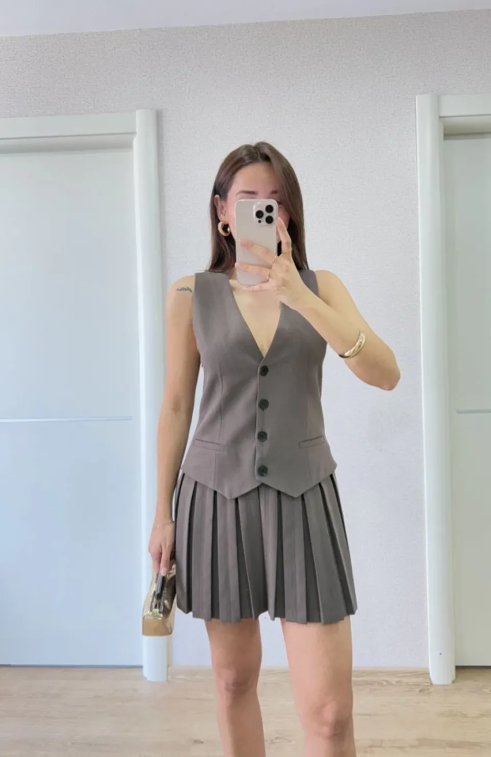 Keten Takım Görünümlü Düğme Detaylı Yelekli Mini Elbise - Füme