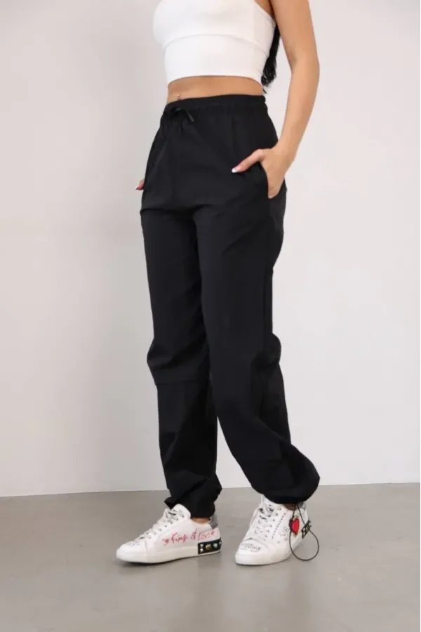 Paraşut Kumaş Paça Cepli Baggy Eşofman - Siyah