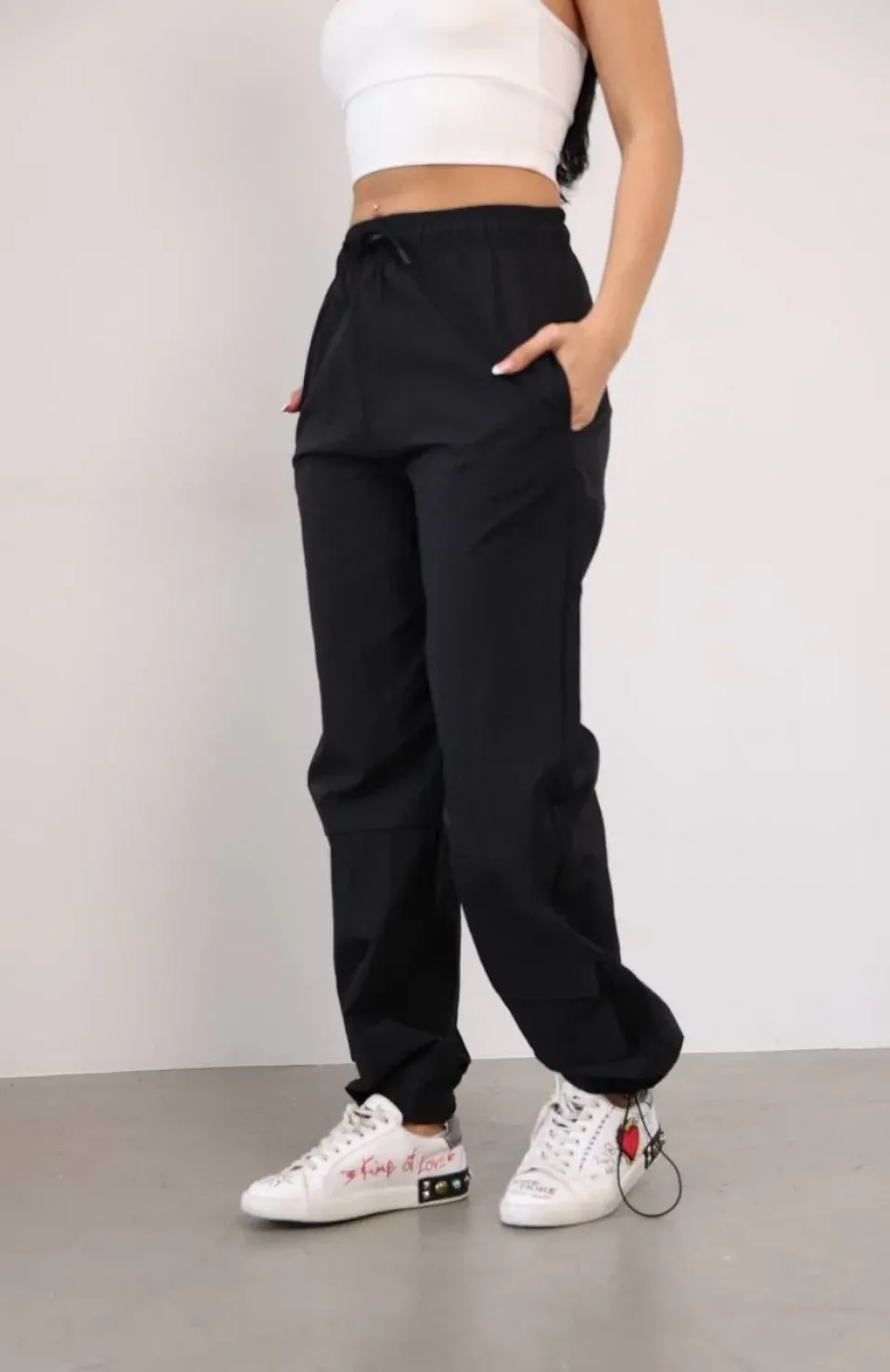 Paraşut Kumaş Paça Cepli Baggy Eşofman - Siyah