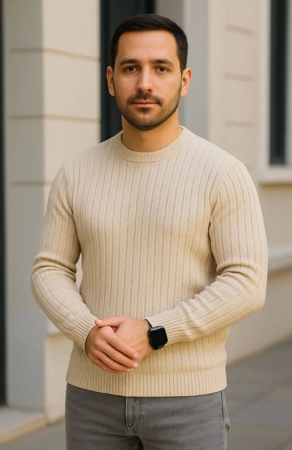 Erkek Bisiklet Yuvarlak Yaka Triko Kazak Pamuklu Kalın Fitilli Dokuma, Regular Fit Uzun Kollu Kışlık Model - Bej