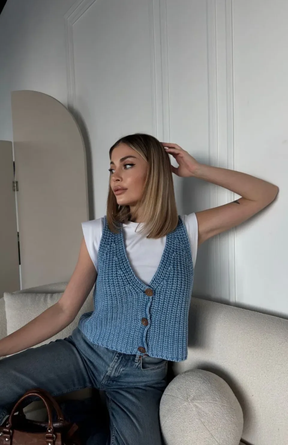 Triko Kolsuz Düğmeli Yelek - Mavi