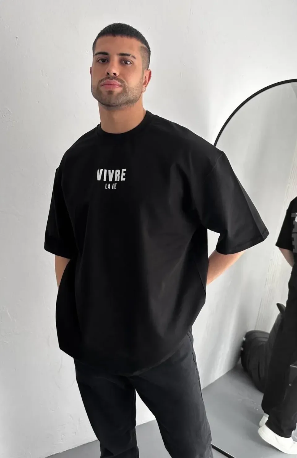 Baskılı Oversize Bisiklet Yaka T-shirt - Siyah