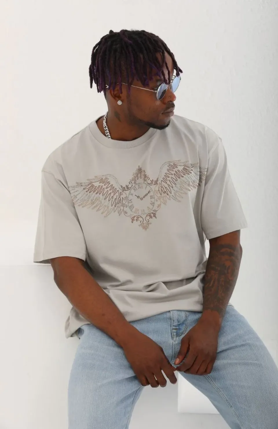 Unisex Oversize Taşlı Bisiklet Yaka T-Shirt - Gri