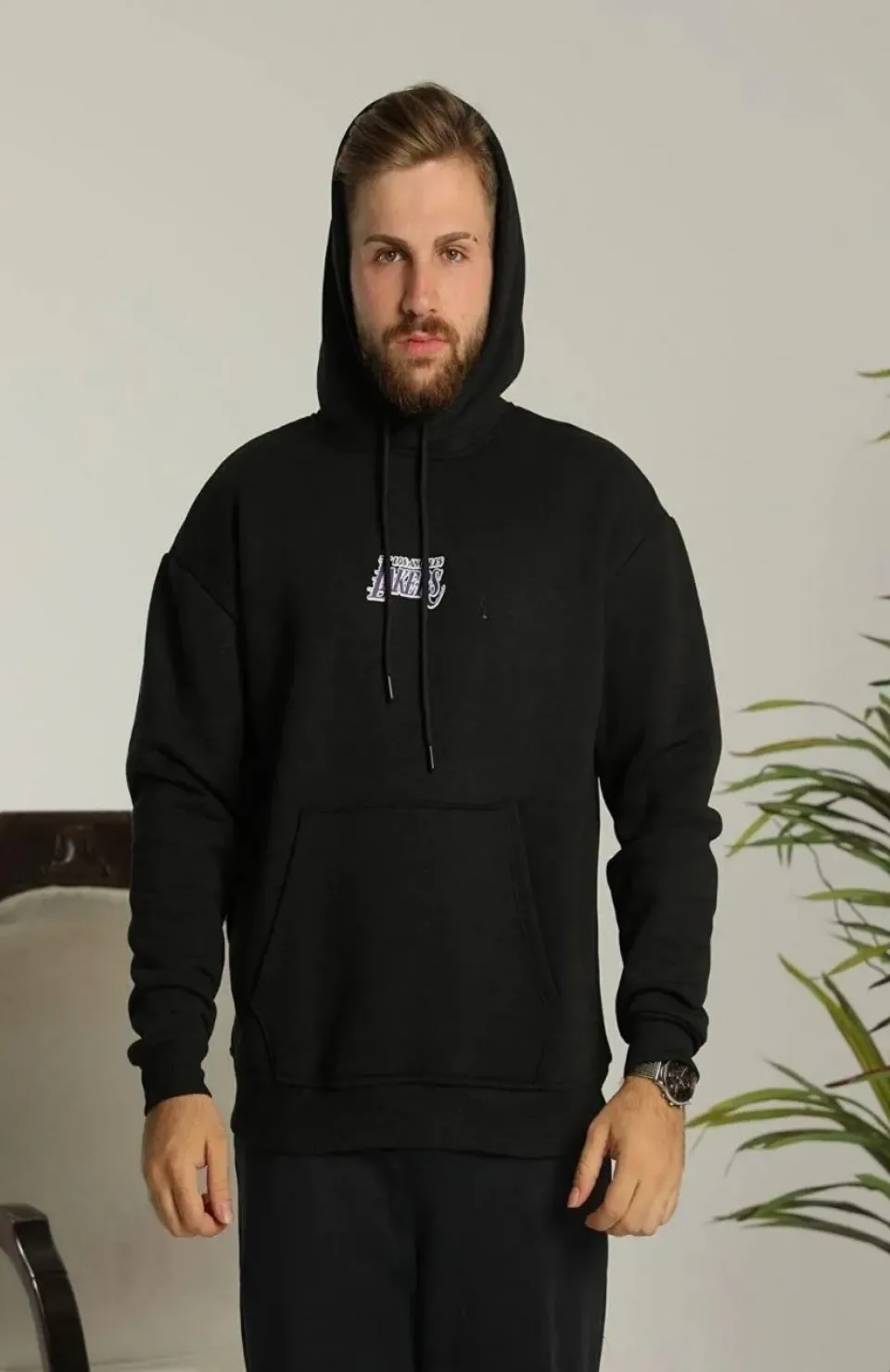 Erkek Baskılı Oversize Üç İplik Kapüşonlu Sweatshirt - Siyah Somersan Giyim | Kadın, Erkek ve Çocuk Moda