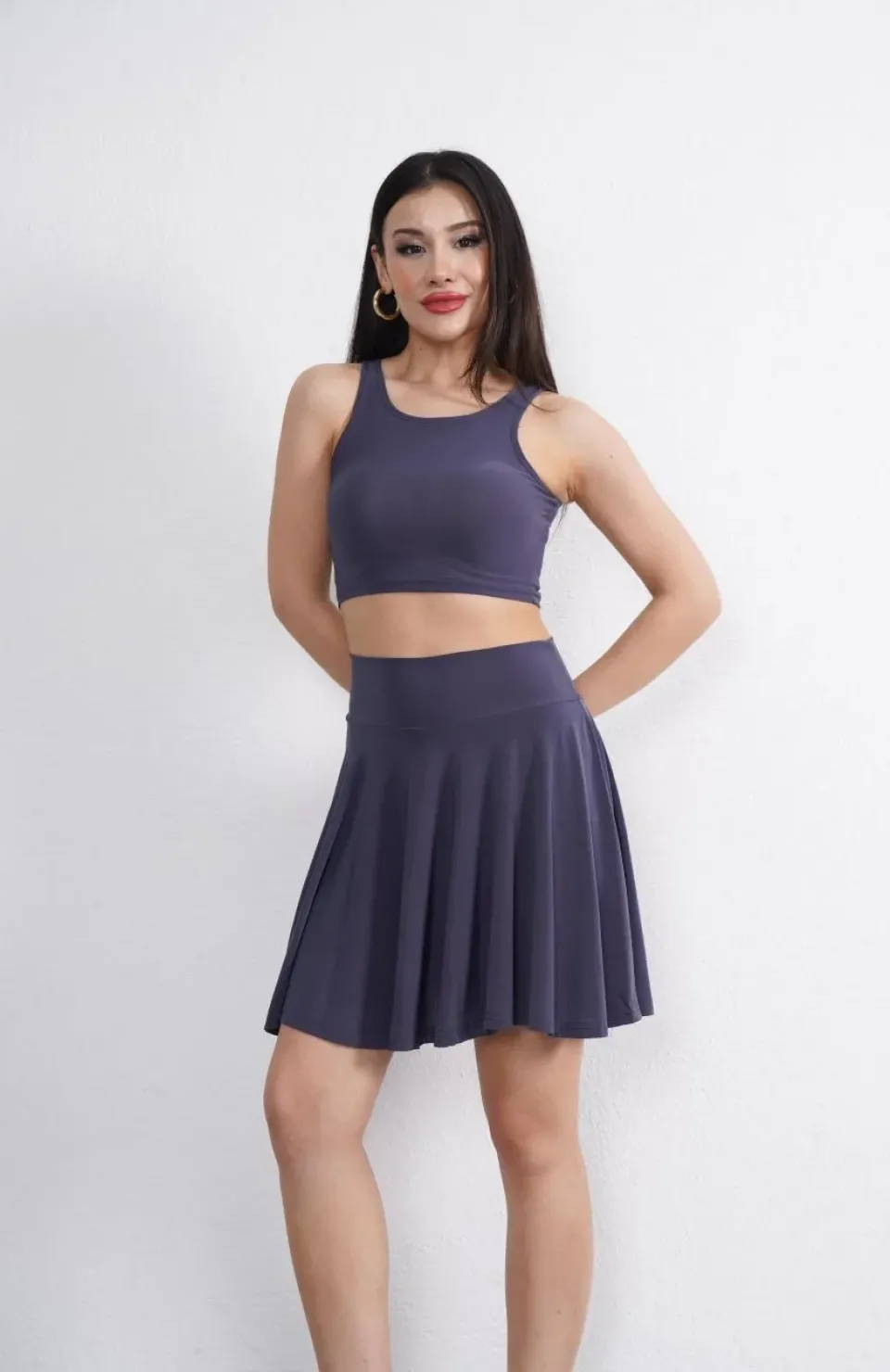 Sendy Kumaş Bisiklet Yaka Crop Şortlu Etek ikili Takım - Antrasit