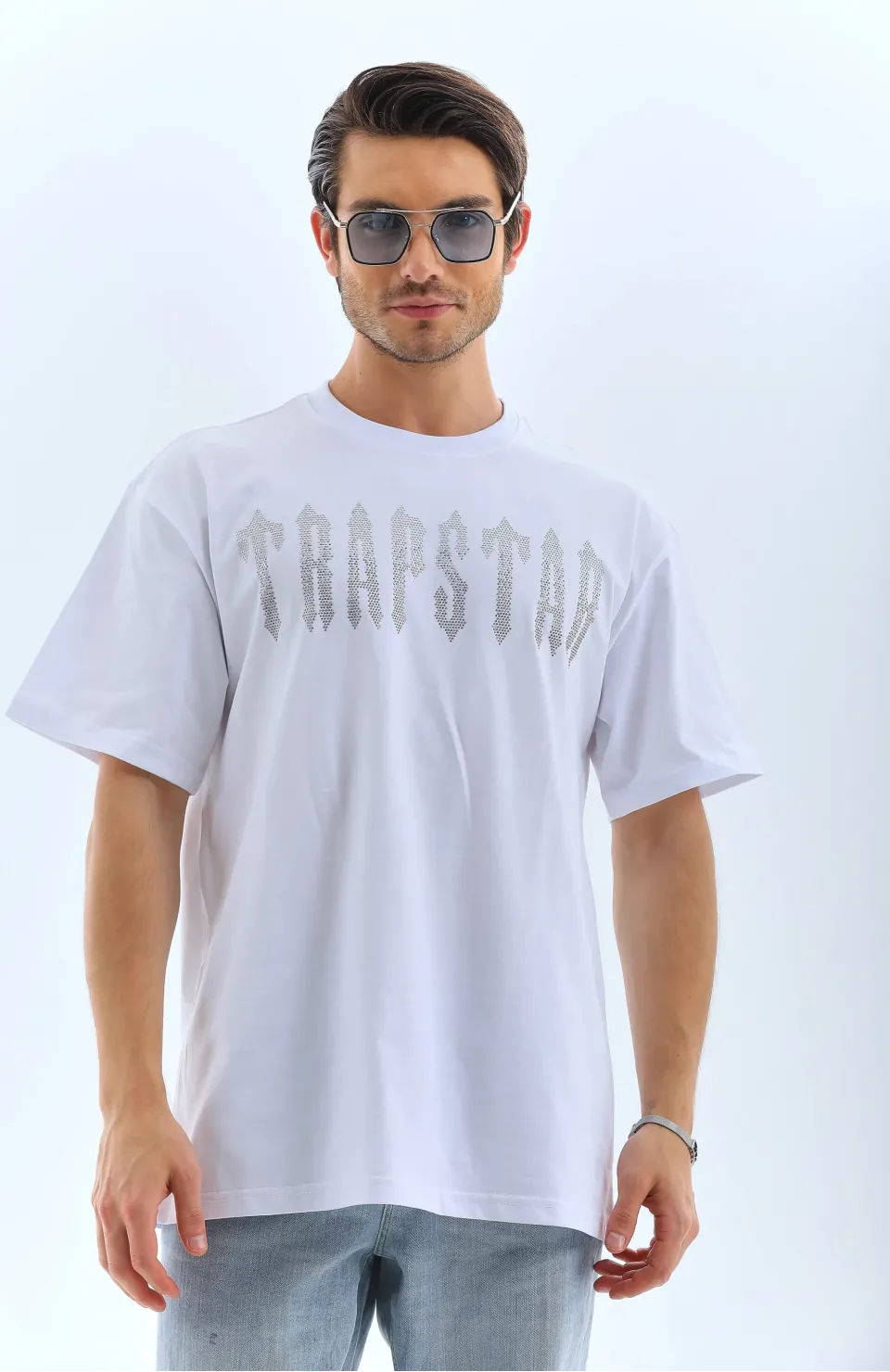 Unisex Oversize Taşlı Bisiklet Yaka T-Shirt - Beyaz