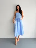 Straplez Pileli Elbise - Açık Mavi
