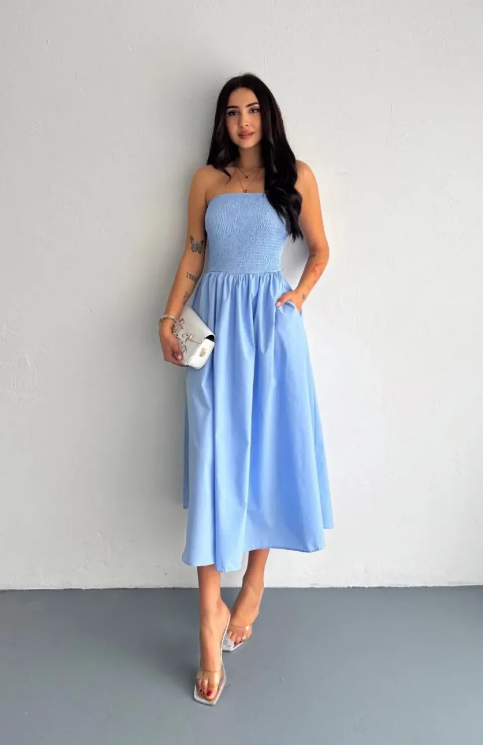 Straplez Pileli Elbise - Açık Mavi