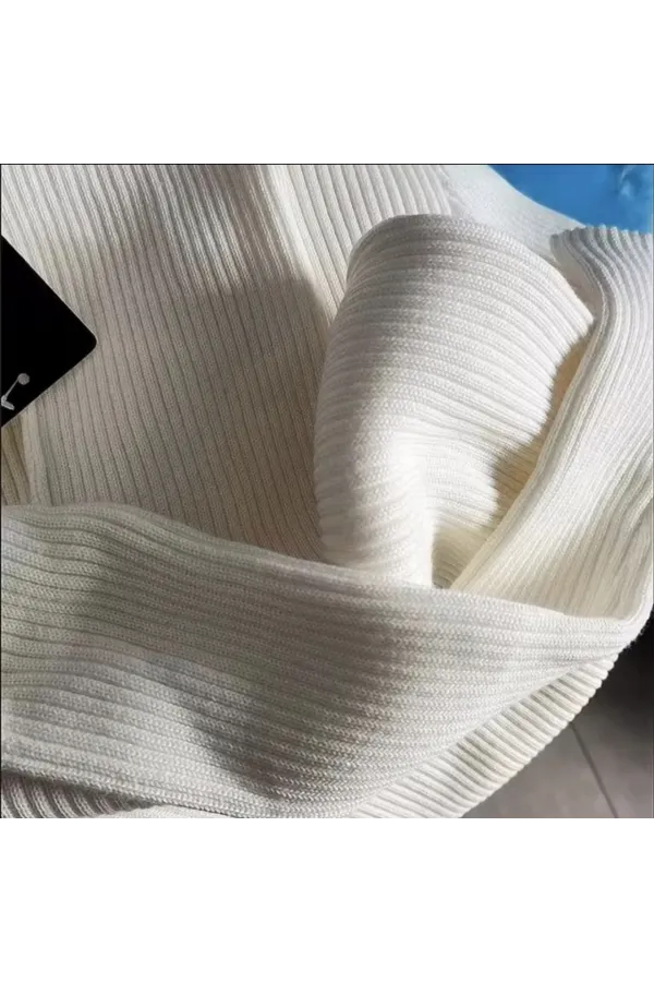 Kadın Boğazlı Uzun Fitilli Triko Dokuma Elbise - Beyaz