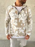 Erkek Yarım Fermuarlı Desenli Polar Sweat Yakalı, Uzun Kollu, Oversize Rahat Kalıp - Bej