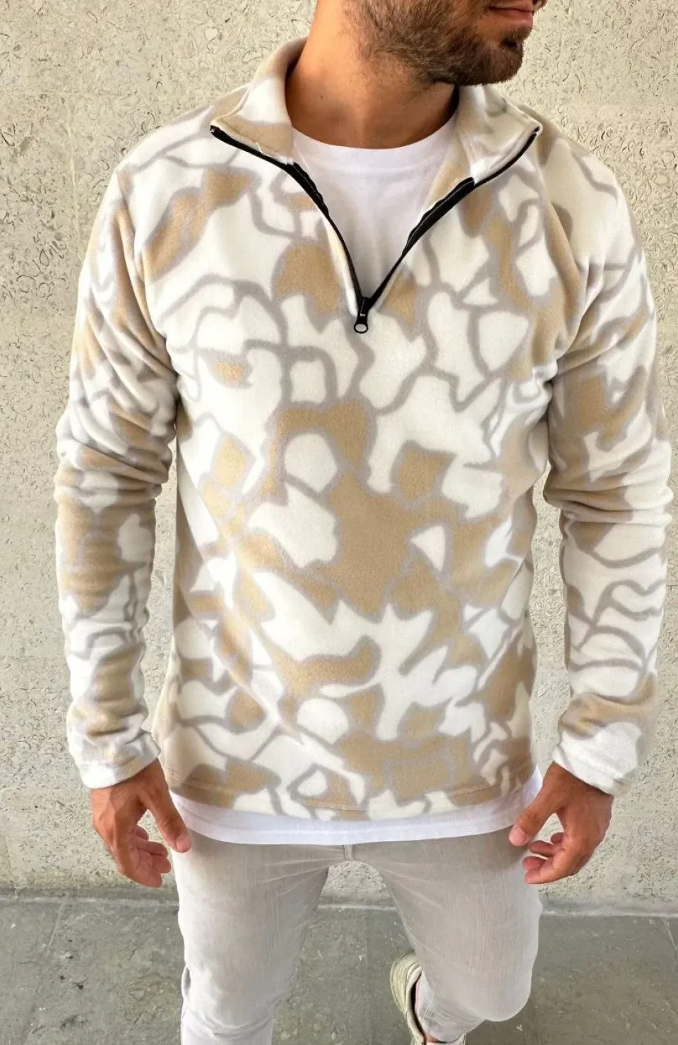 Erkek Yarım Fermuarlı Desenli Polar Sweat Yakalı, Uzun Kollu, Oversize Rahat Kalıp - Bej