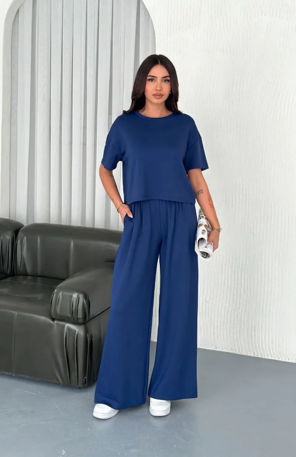 Osy Modal Yumuşak Dokulu Kumaş Bisiklet Yaka T-shirt Bol paça Pantalon ikili Takım -Saks Mavi