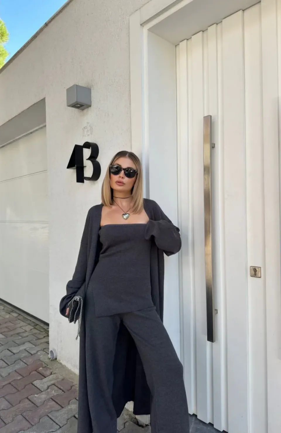 Kadın Triko Üçlü Takım - Füme