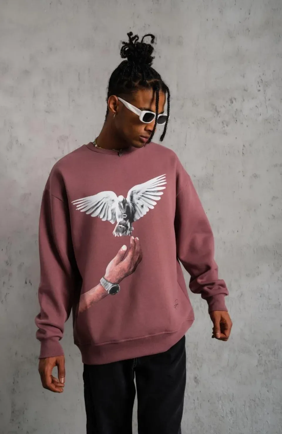 Erkek Güvercin Baskılı Sweatshirt - Gül Kurusu Somersan Giyim | Kadın, Erkek ve Çocuk Moda
