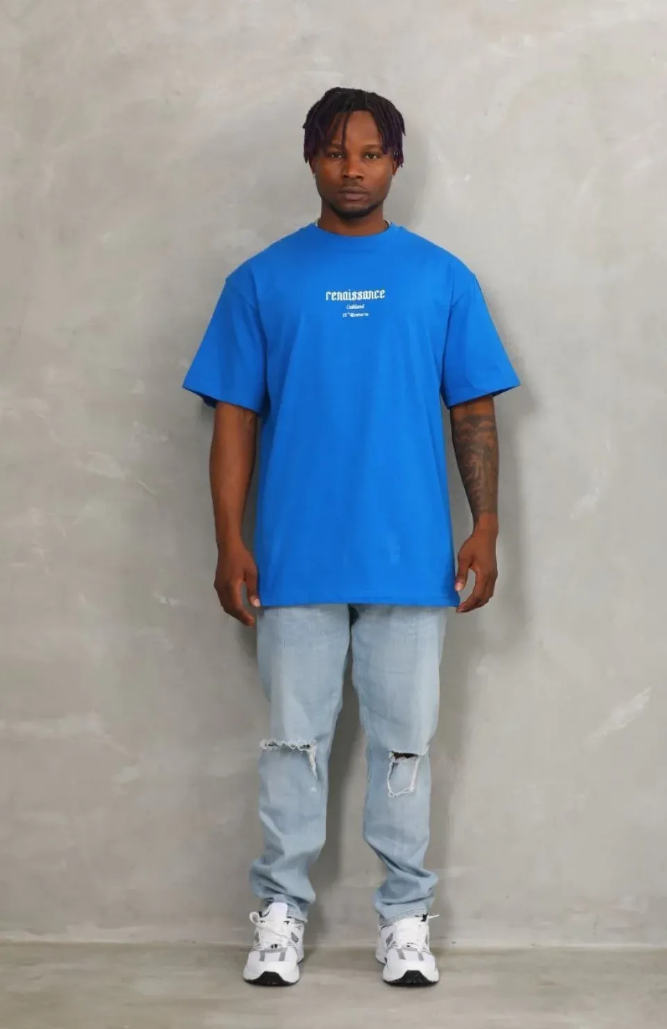 Unisex Oversize Baskılı Bisiklet Yaka T-Shirt - Mavi