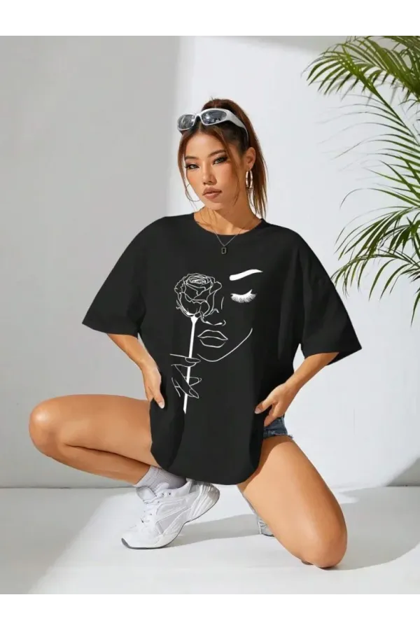 Kadın Baskılı Oversize T-shirt - Siyah