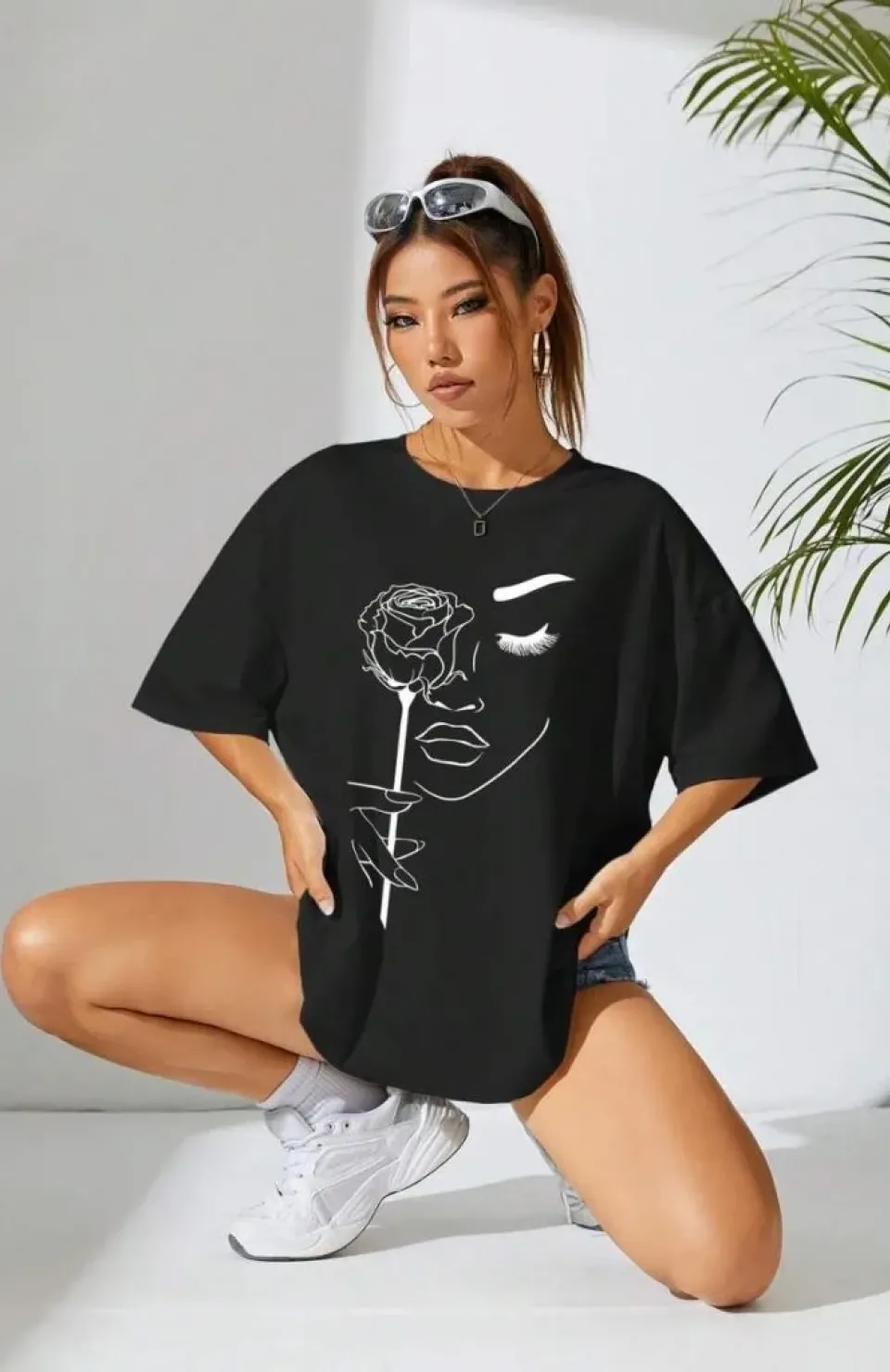 Kadın Baskılı Oversize T-shirt - Siyah