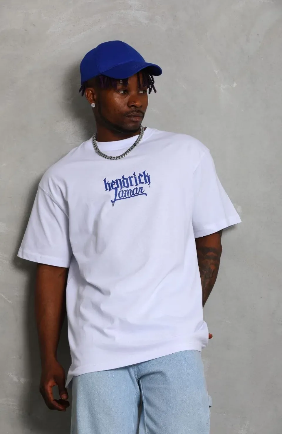 Unisex Oversize Baskılı Bisiklet Yaka T-Shirt - Beyaz