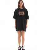 Unisex Bisiklet Yaka Baskılı Oversize T-Shirt - Siyah